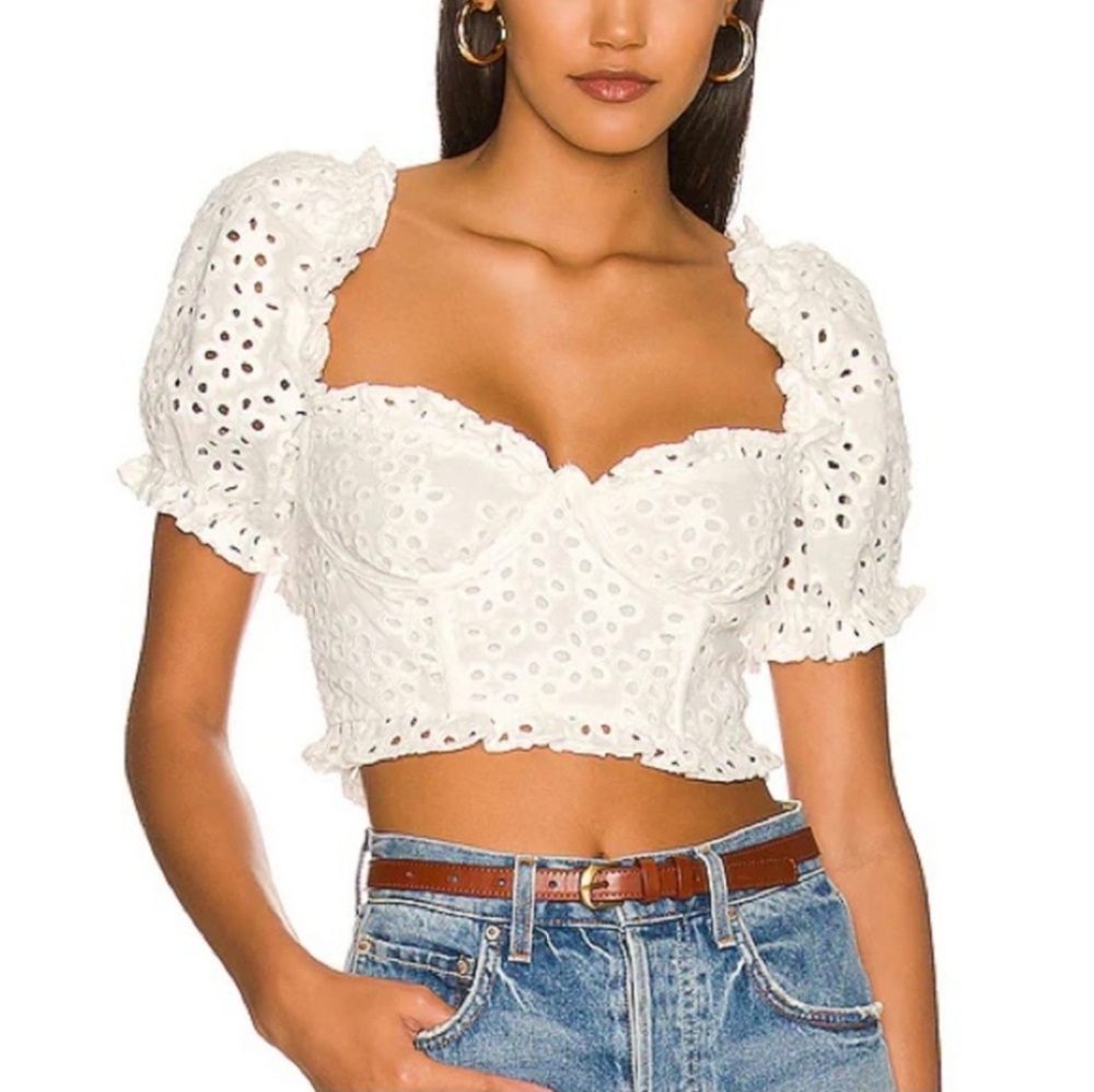 For Love & Lemons White Eyelet Puff Sleeve Crop Top
